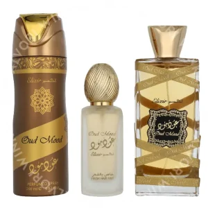 Lattafa Oud Mood Elixir Giftset 350ml Edp Spray 100ml/Hair Mist 50ml/Deo Spray 200ml fles