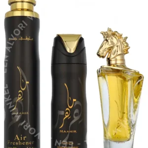 Lattafa Maahir Giftset 600ml Edp Spray 100ml/Deo Spray 200ml/Air Freshener 300ml fles