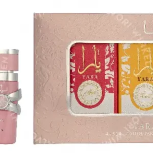 Lattafa Yara Collection Giftset 20ml Yara Edp 5ml/Yara Moi Edp 5ml/Yara Tous Edp 5ml/Yara Candy Edp 5ml fles en verpakking