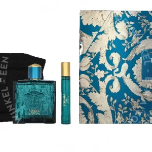 Versace Eros Pour Homme Giftset 110ml Edt Spray 100ml/ Edt Spray 10ml/ Black Trousse Bag fles en verpakking