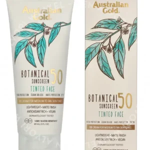 Australian Gold Botanical Sunscreen Tinted Face SPF50 89ml Medium-Tan fles en verpakking