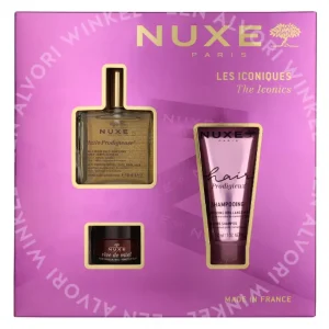 Nuxe The Iconics Giftset 115ml Huile Prodigieuse 50ml/Honey Lip Balm 15g/High Shine Shampoo 50ml verpakking