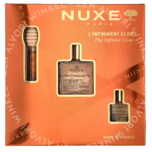 Nuxe The Infinite Glow Giftset 70ml Huile Prodigieuse 50ml/Huile Prodigieuse 10ml/Reve De Miel Lip Honey 10ml verpakking