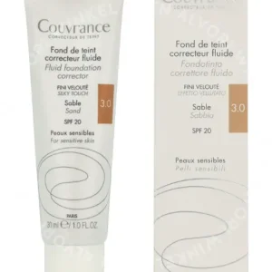 Avene Couvrance Fluid Foundation Corrector SPF20 30ml #3.0 Sand fles en verpakking