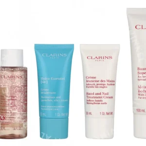 Clarins Head - To -Toe Moisturizing Essentials Set 217ml Eau Micellaire 50ml/Total Eye gel 7ml/Silky Cream 30ml/Hand And Nail Cream 30ml/Body Lotion 100m fles en verpakking