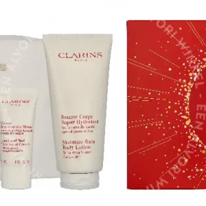 Clarins Baume Set 260ml Moisture Rich Body Lotion 200 ml / Exfoliating Body Scrub 30 ml / Hand and Nail Treatment Cream 30 ml /Large Pouch fles en verpakking