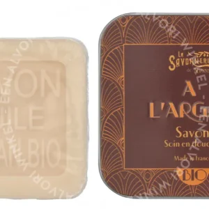 La Savonnerie De Nyons BIO Soap Bar + Metal Box 100g Argan Oil fles en verpakking