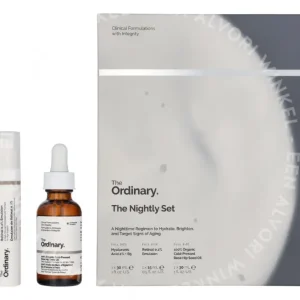 The Ordinary The Nightly Set 75ml Emulsion 15ml/Rose Hip Seed Oil 30ml/Hyaluronic Acid 2% + B5 30ml fles en verpakking