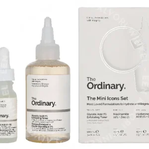 The Ordinary The Mini Icons Set 130ml Glycolic Acid Exfoliating Toner 100ml/Niacinamide 15ml/Hyaluronic Acid 15ml/4 Cotton Pads/Mesh Pouch fles en verpakking