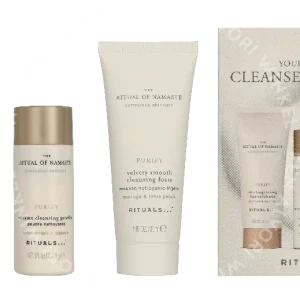 Rituals Namaste Set 75ml Skin Brightening Face Exfoliator 30ml/Velvety Smooth Cleansing Foam 30ml/Enzyme Cleansing Powder 15gr fles en verpakking