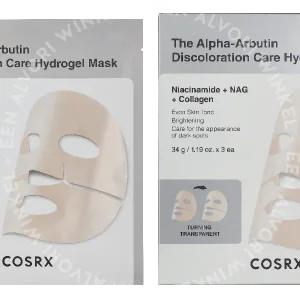 Cosrx The Alpha-Arbutin Discoloration Care Hydrogel Mask 102g 3 x 34g fles en verpakking